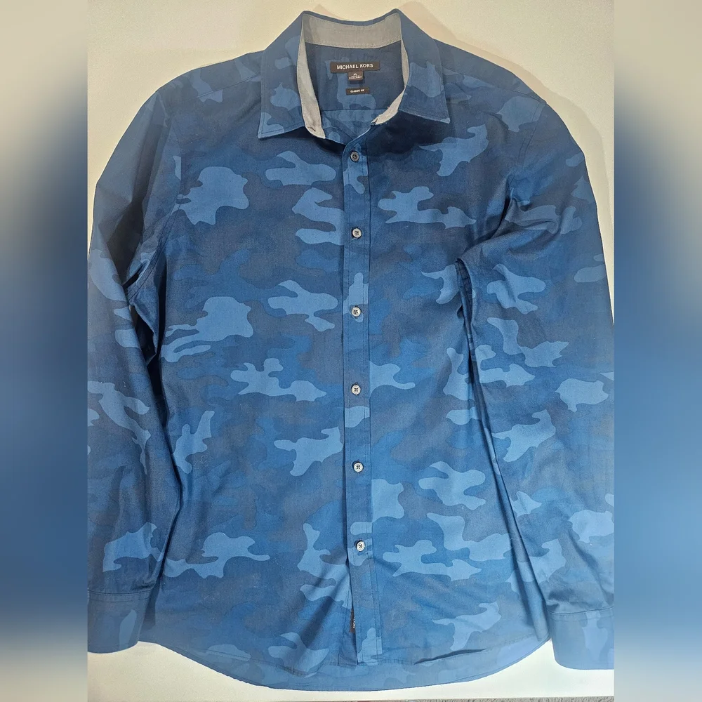 Michael Kors Mens Button Down Shirt XL Classic Fit Blue Camo Business Casual - Picture 1 of 8